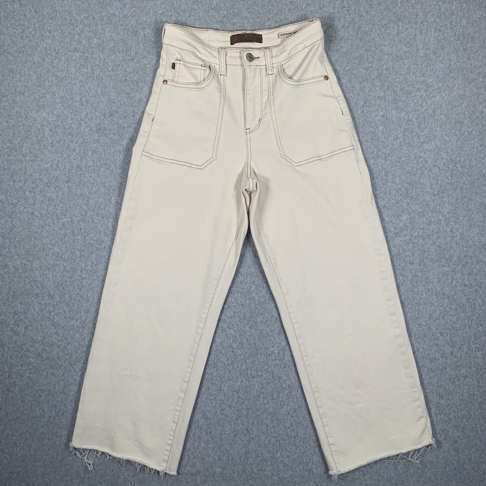 Judy Blue Jeans Garment Dyed Beige Wide Leg Crop Frey Hem Size 1/25 - Picture 2 of 16